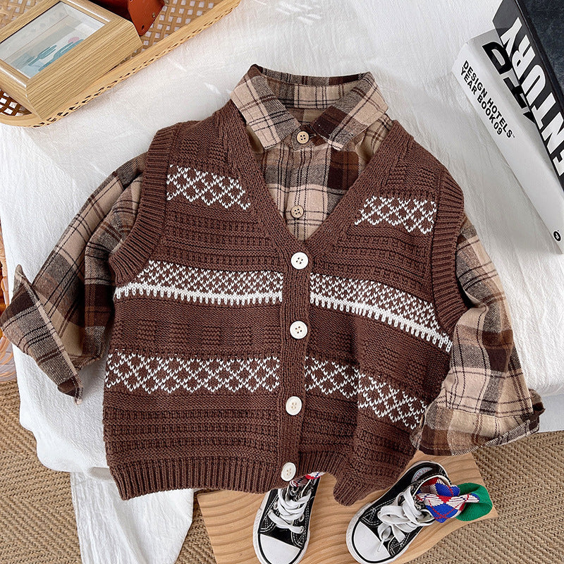Wholesale Cotton Boys Cardigan Sweater Plaid Shirt Three Piece Set